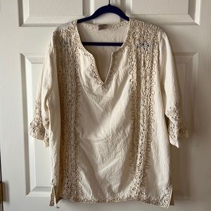 Takasami Vneck Cotton Boho Tunic Lace in Cream,‎ Sz XL